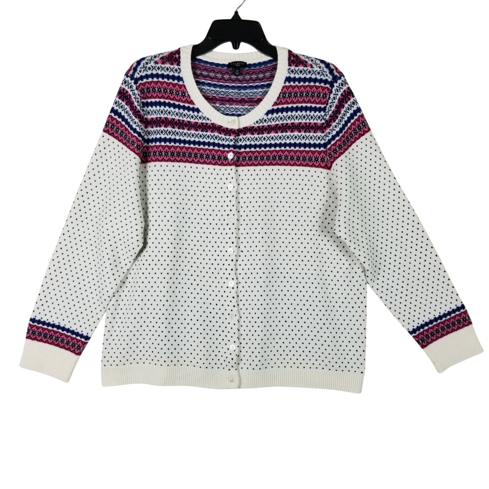 Talbots Cardigan Women 2X Ivory Pink Blue Fair Isle Heart Polka Dot Button Up